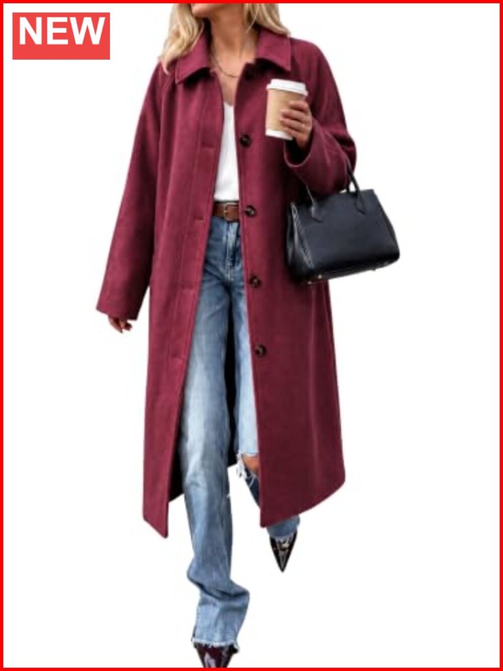 Women's Long Pea Coat Single Breasted Lapel Oversized Winter Wool Blend